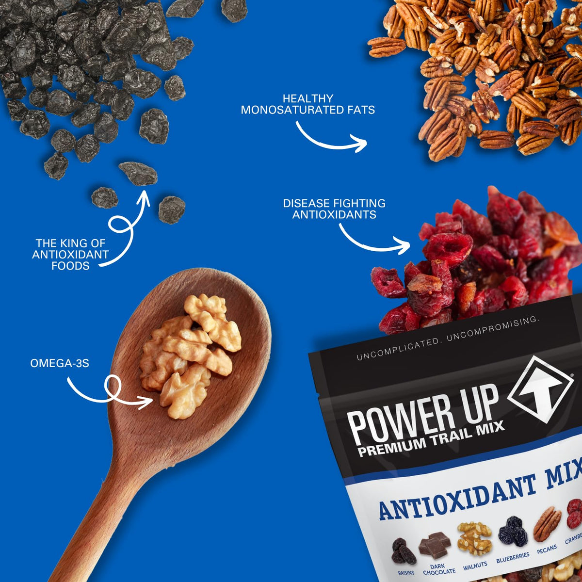 Power Up Gourmet Nut Trail Mix dried fruits display a naturally sweet bite.