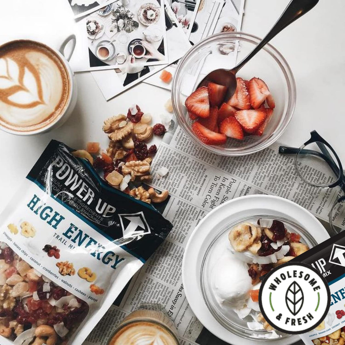 Power Up High Energy Trail Mix 8oz bags displayed for pantry storage