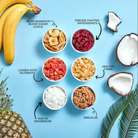 Power Up High Energy Trail Mix in a bowl reveals nuts and fruits for a satisfying snack