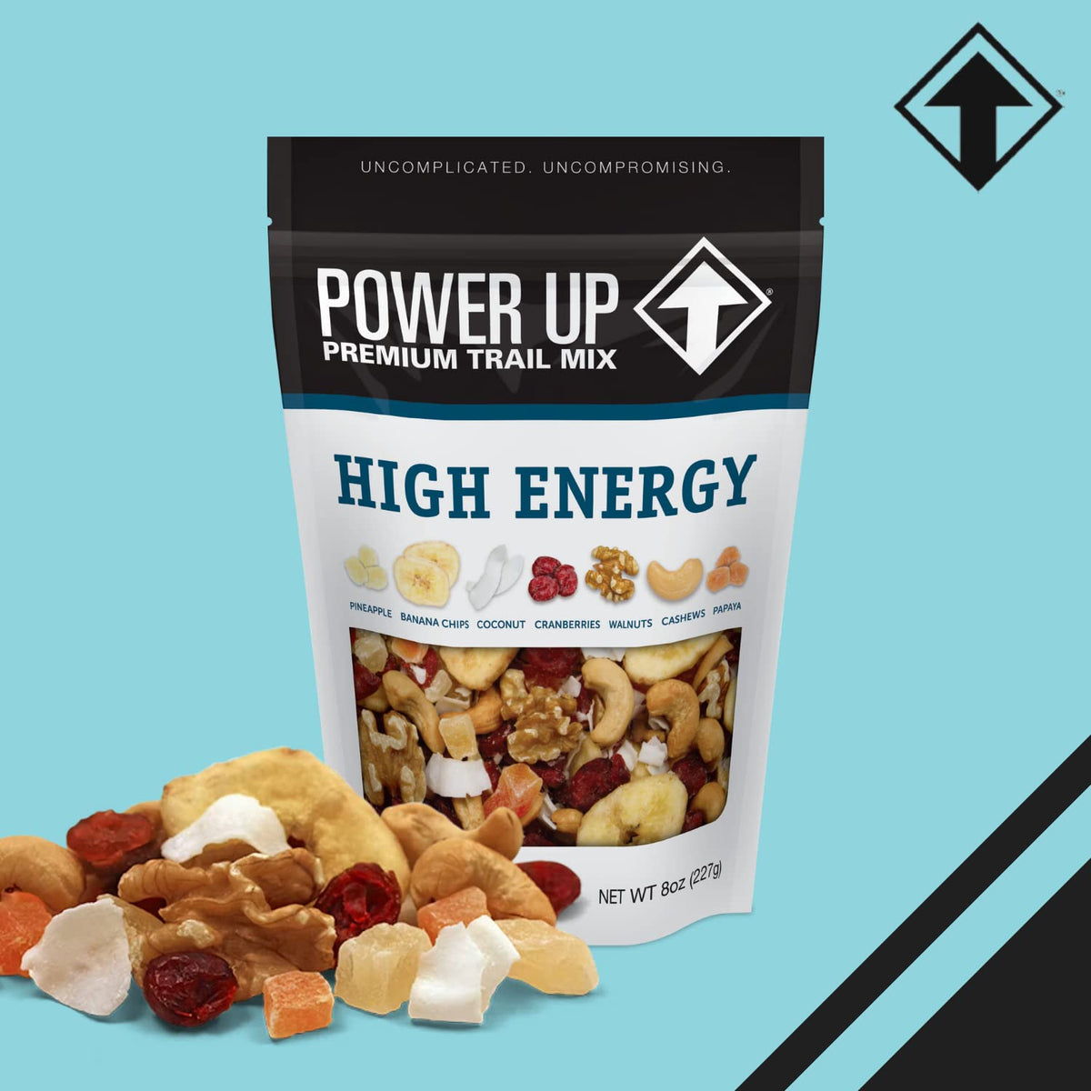 Power Up High Energy Trail Mix close-up emphasizes walnuts and dried fruits for texture and flavor