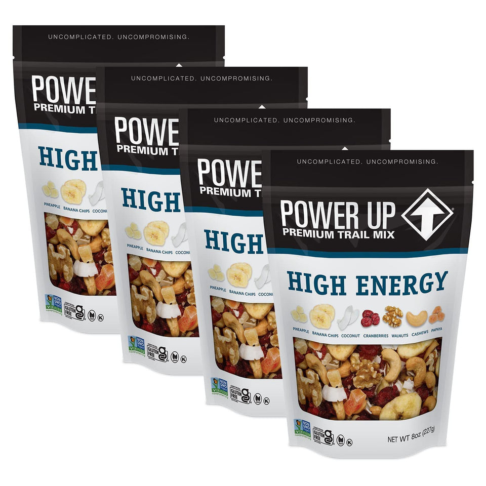 Power Up High Energy Trail Mix pack shot showing convenient 8oz bags for on-the-go snacking