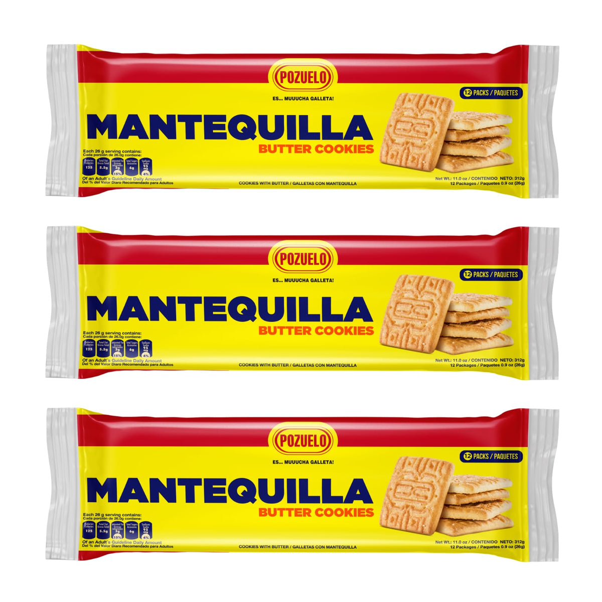 Pozuelo Mantequilla cookies in a 3-pack, ideal with coffee.