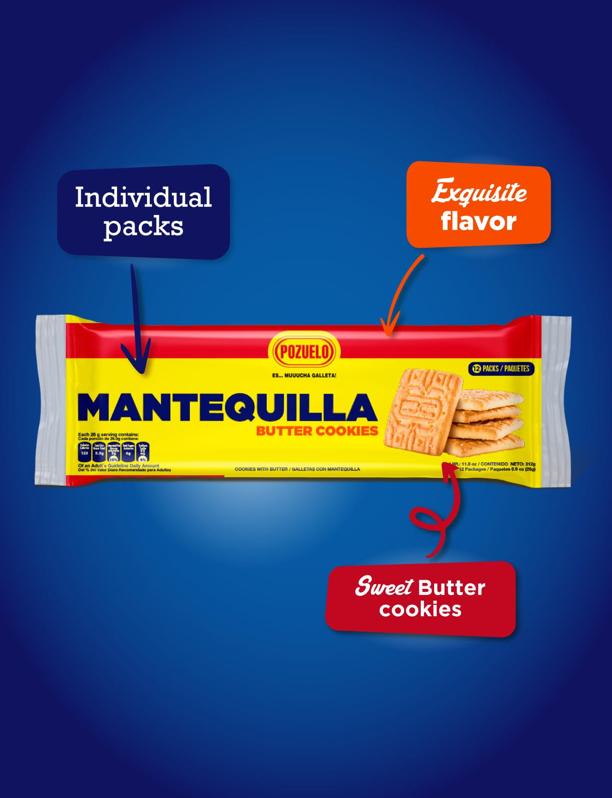 Pozuelo Mantequilla cookies close-up, crispy texture and real butter flavor.