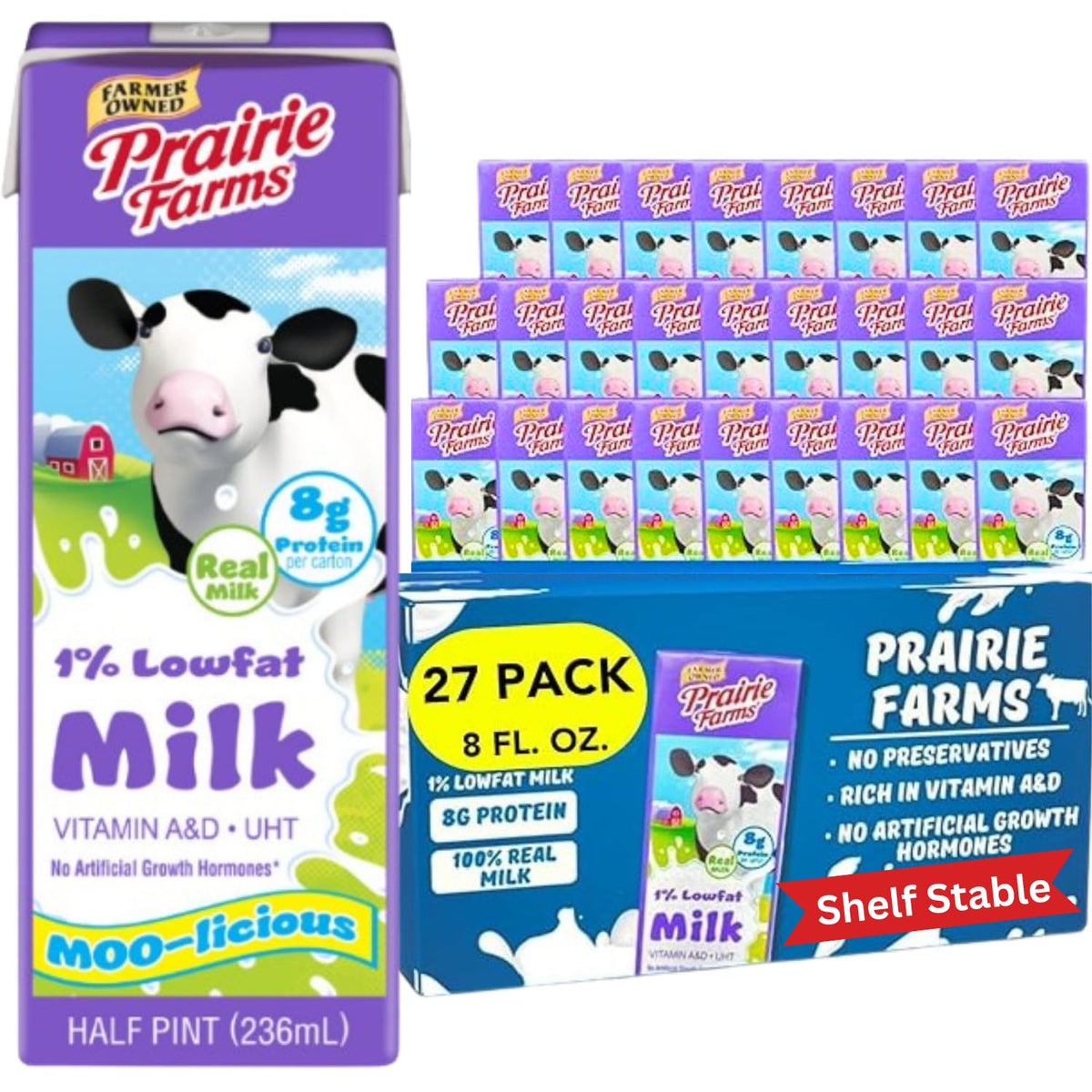 Prairie Farms 1% milk box packaging shown for pantry-friendly storage.