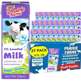 Prairie Farms 1% milk box packaging shown for pantry-friendly storage.