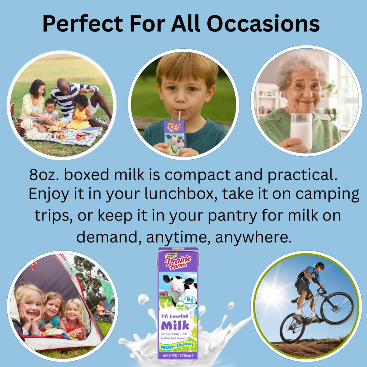 Prairie Farms 1% milk nutrition label highlights protein and minerals.