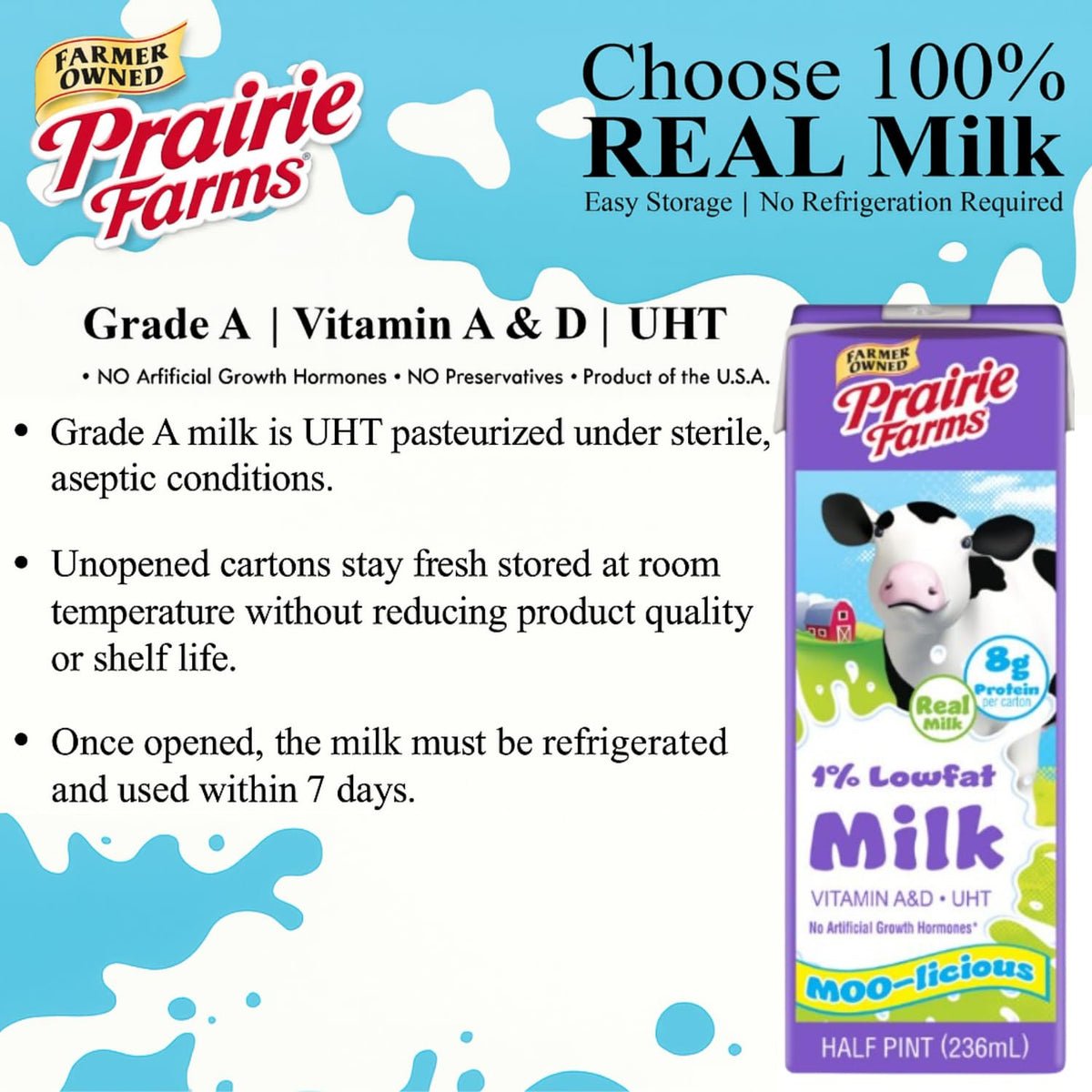 Prairie Farms 1% milk being poured into a glass with creamy texture.