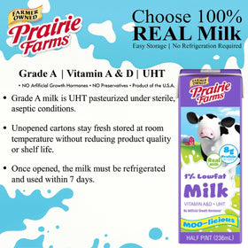 Prairie Farms 1% milk being poured into a glass with creamy texture.