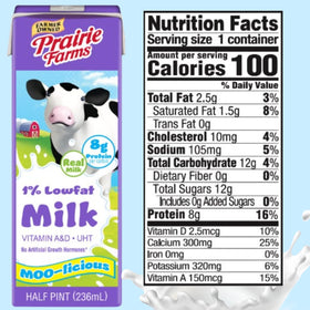 Prairie Farms 1% milk unopened carton stored at room temperature for pantry convenience.