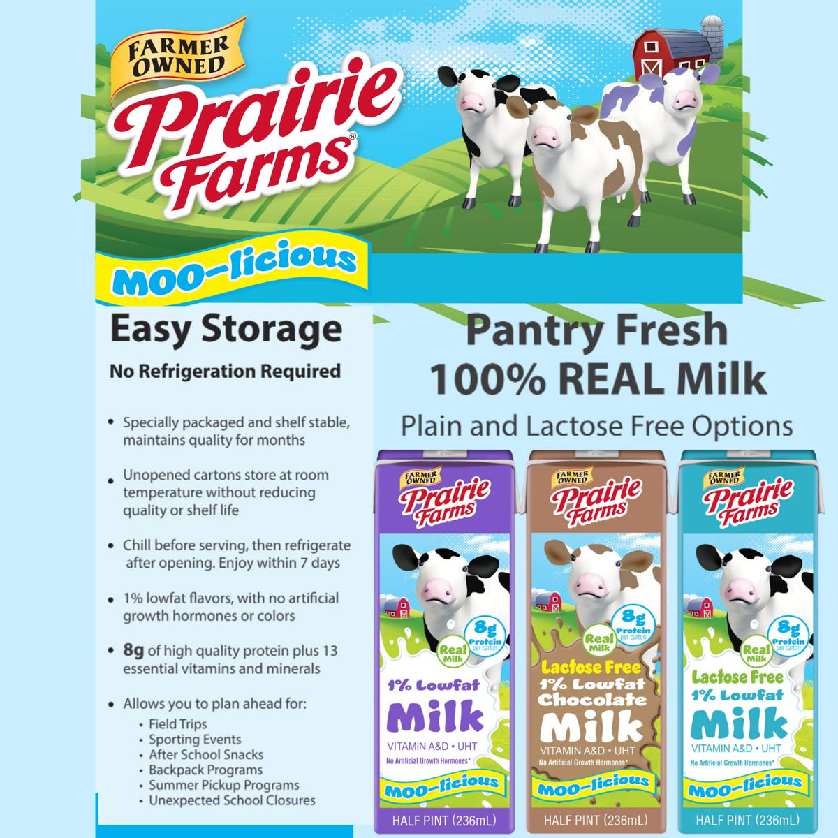 Prairie Farms 27-pack shelf-stable milk boxes for family pantry.