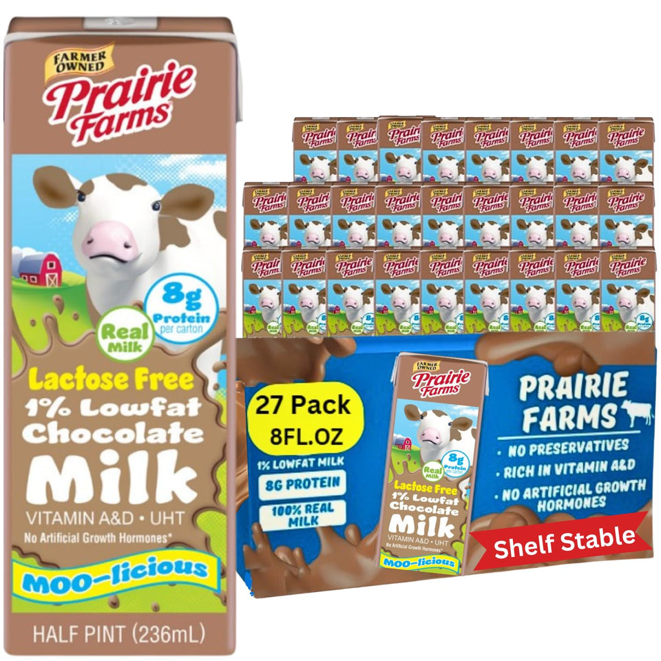 Prairie Farms Chocolate Lactose Free Milk box front view, pantry-ready, lactose-free flavor.