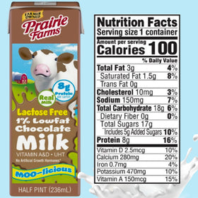 Prairie Farms lactose-free chocolate milk box stored on pantry shelf for easy access.