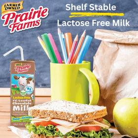 Kosher and gluten-free Prairie Farms lactose-free chocolate milk packaging.