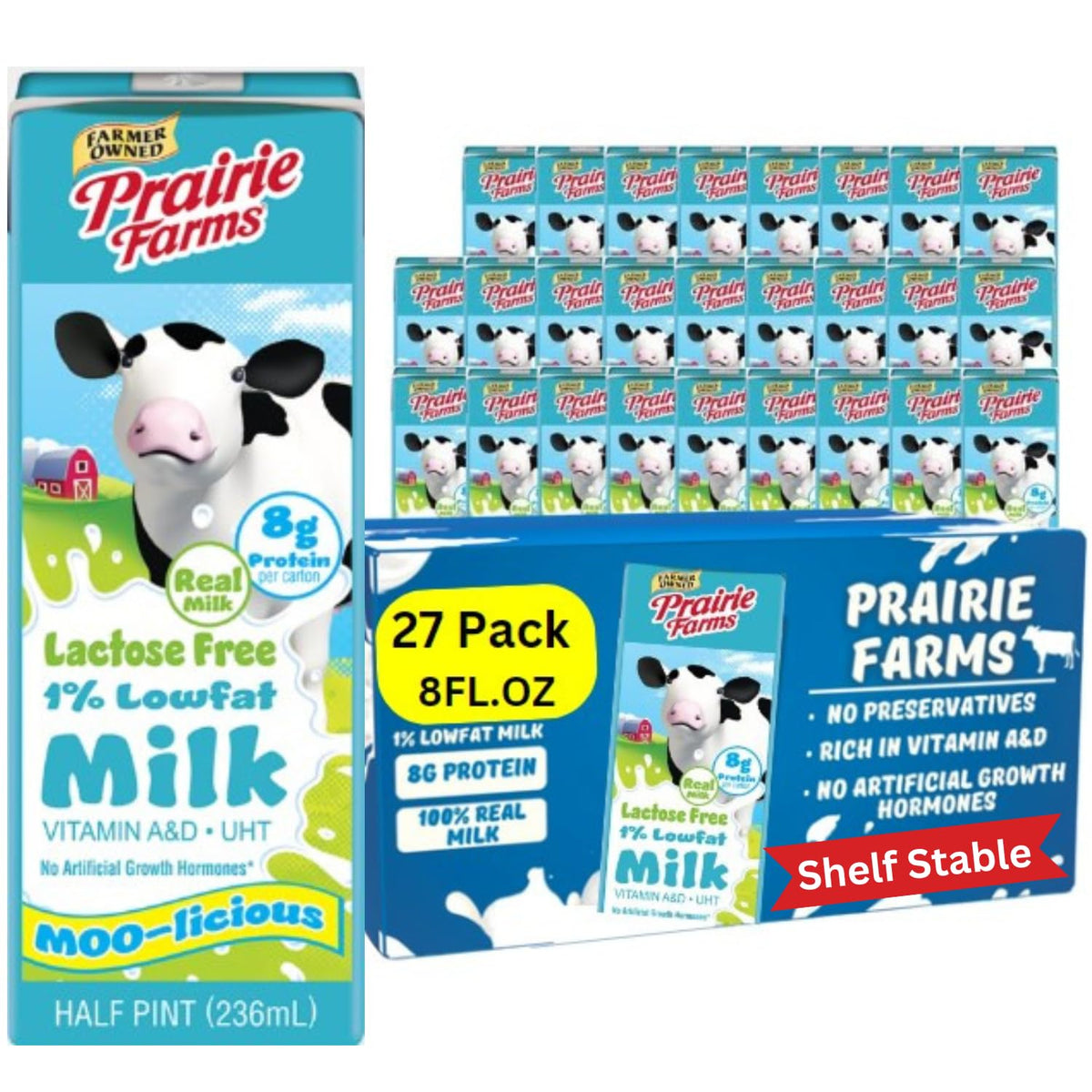 Prairie Farms lactose-free milk 8oz box for lactose-intolerant on-the-go use.