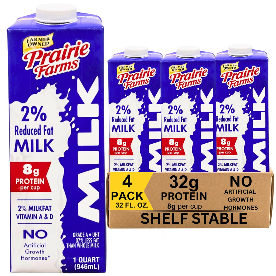 Prairie Farms 2% boxed UHT milk ready for pantry storage.
