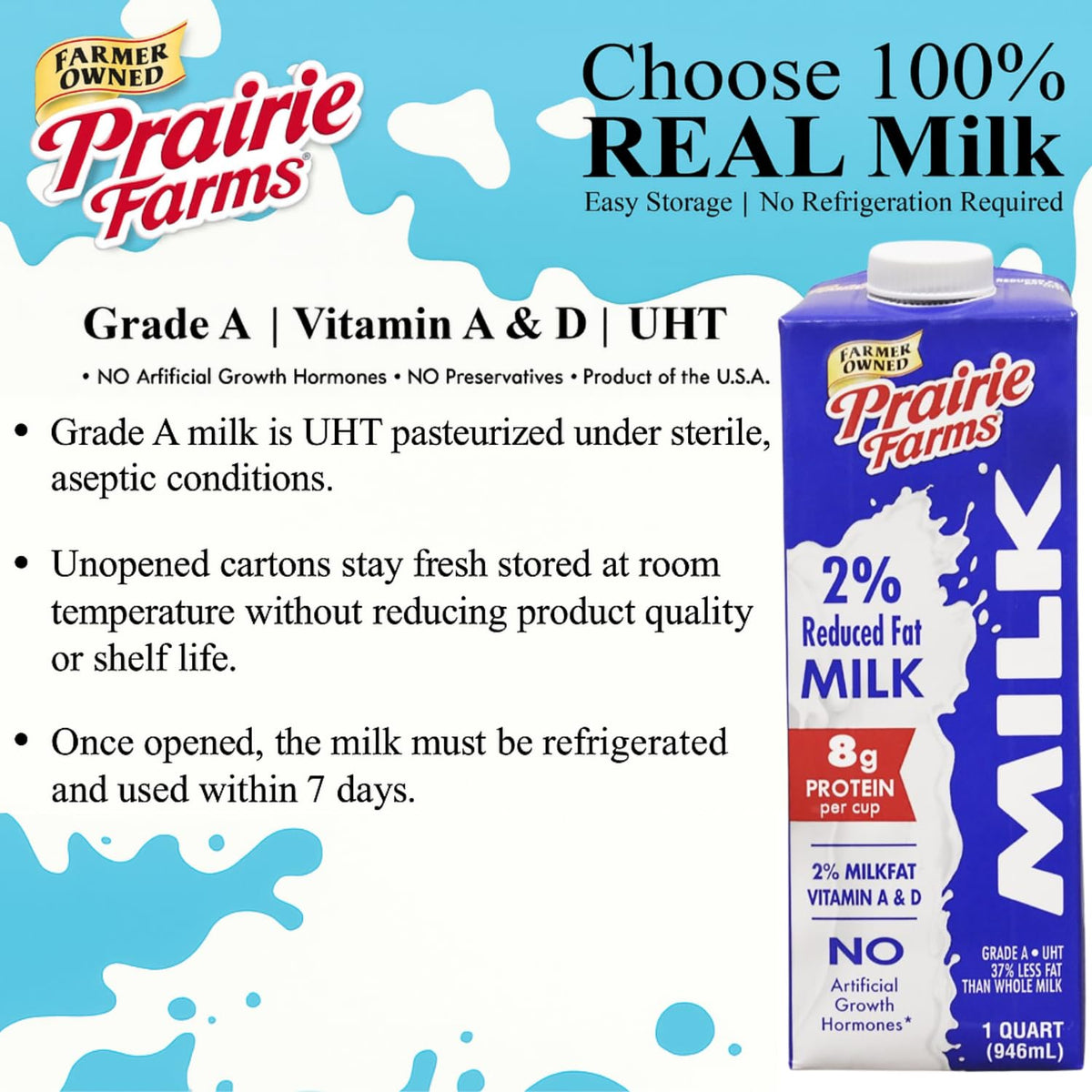Prairie Farms 2% milk nutrition facts showing protein per serving.