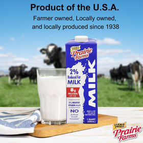Prairie Farms 2% unopened carton stored at room temperature for pantry convenience.