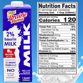 Prairie Farms 2% milk vitamin D label highlighting nutrients.