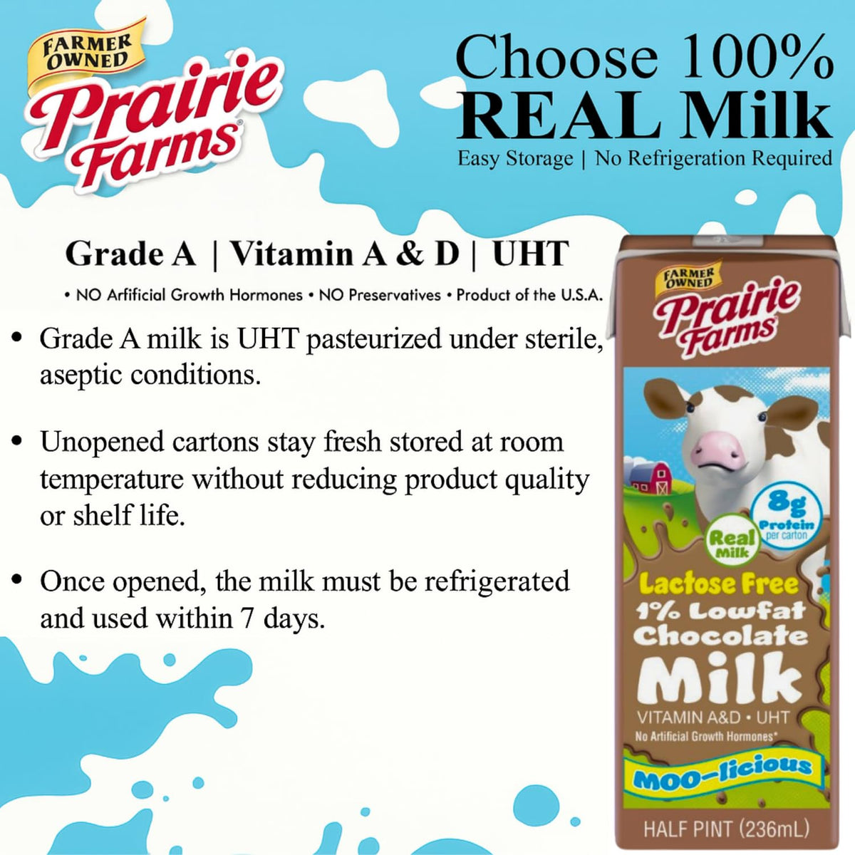 Nutrition panel highlights 8g protein and vitamins A and D in Prairie Farms lactose-free milk.