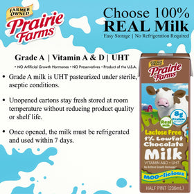 Nutrition panel highlights 8g protein and vitamins A and D in Prairie Farms lactose-free milk.