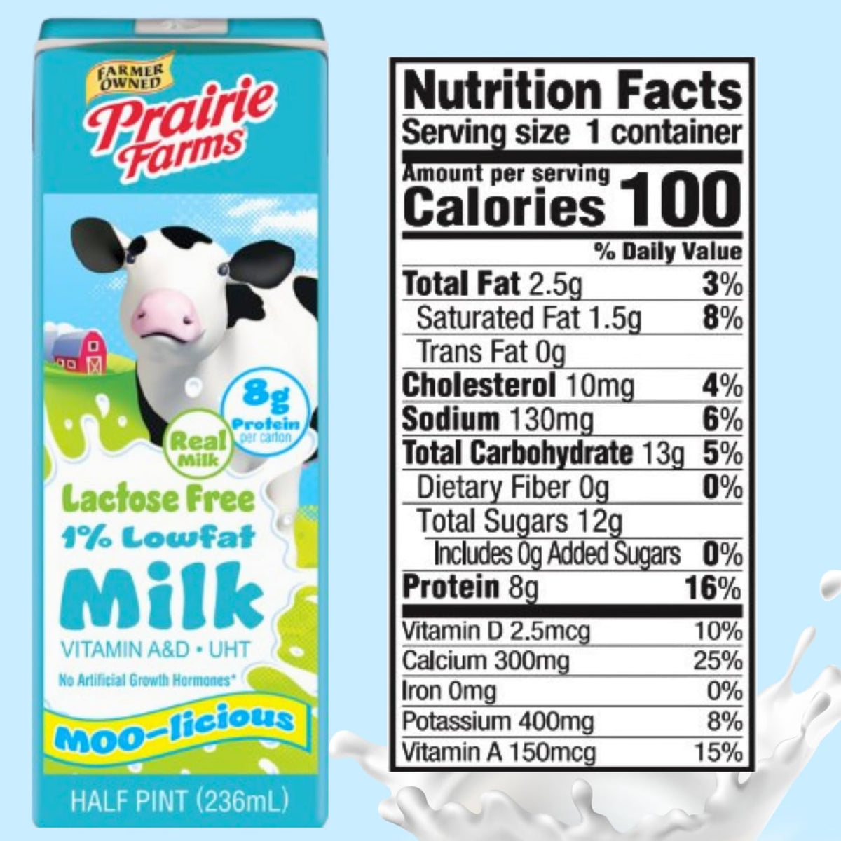Shelf-stable 8oz Prairie Farms milk pack suitable for pantry storage.
