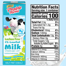 Shelf-stable 8oz Prairie Farms milk pack suitable for pantry storage.