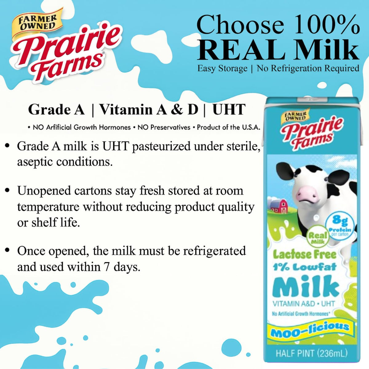 Ultra-pasteurized Prairie Farms milk preserves freshness without preservatives.