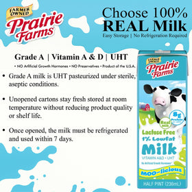 Ultra-pasteurized Prairie Farms milk preserves freshness without preservatives.