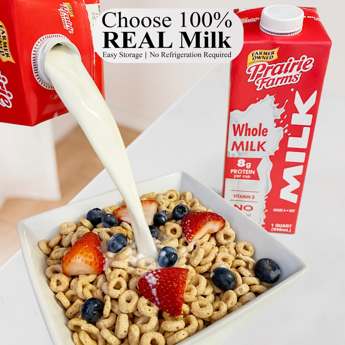 Kosher and gluten-free Prairie Farms Whole Milk packaging shown.