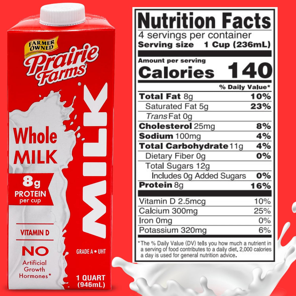 Prairie Farms Whole Milk being poured into a glass, creamy versatility.