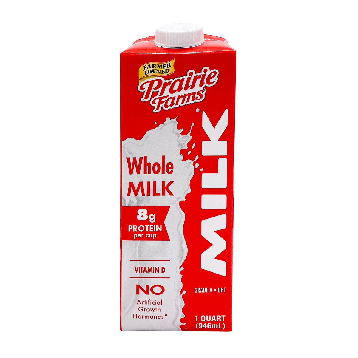 Prairie Farms Whole Milk shelf-stable box front, convenient room-temperature storage.