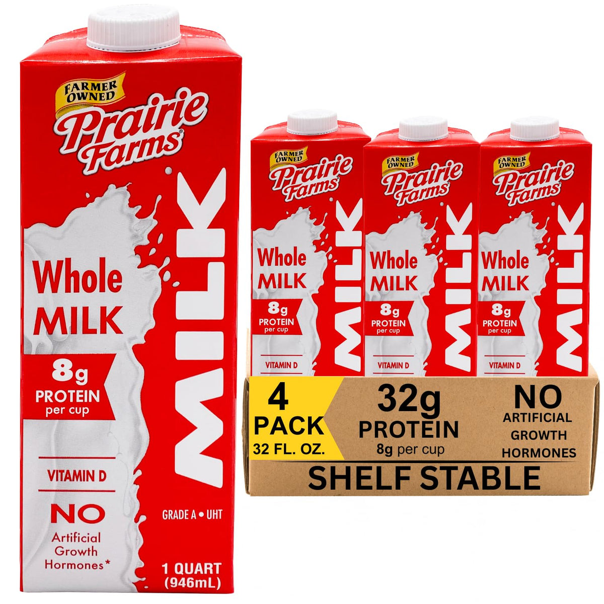 Prairie Farms Whole Milk shelf-stable carton in pantry for easy storage