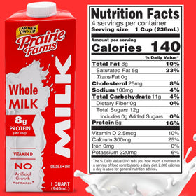 Prairie Farms Whole Milk UHT pasteurized carton showing long shelf life