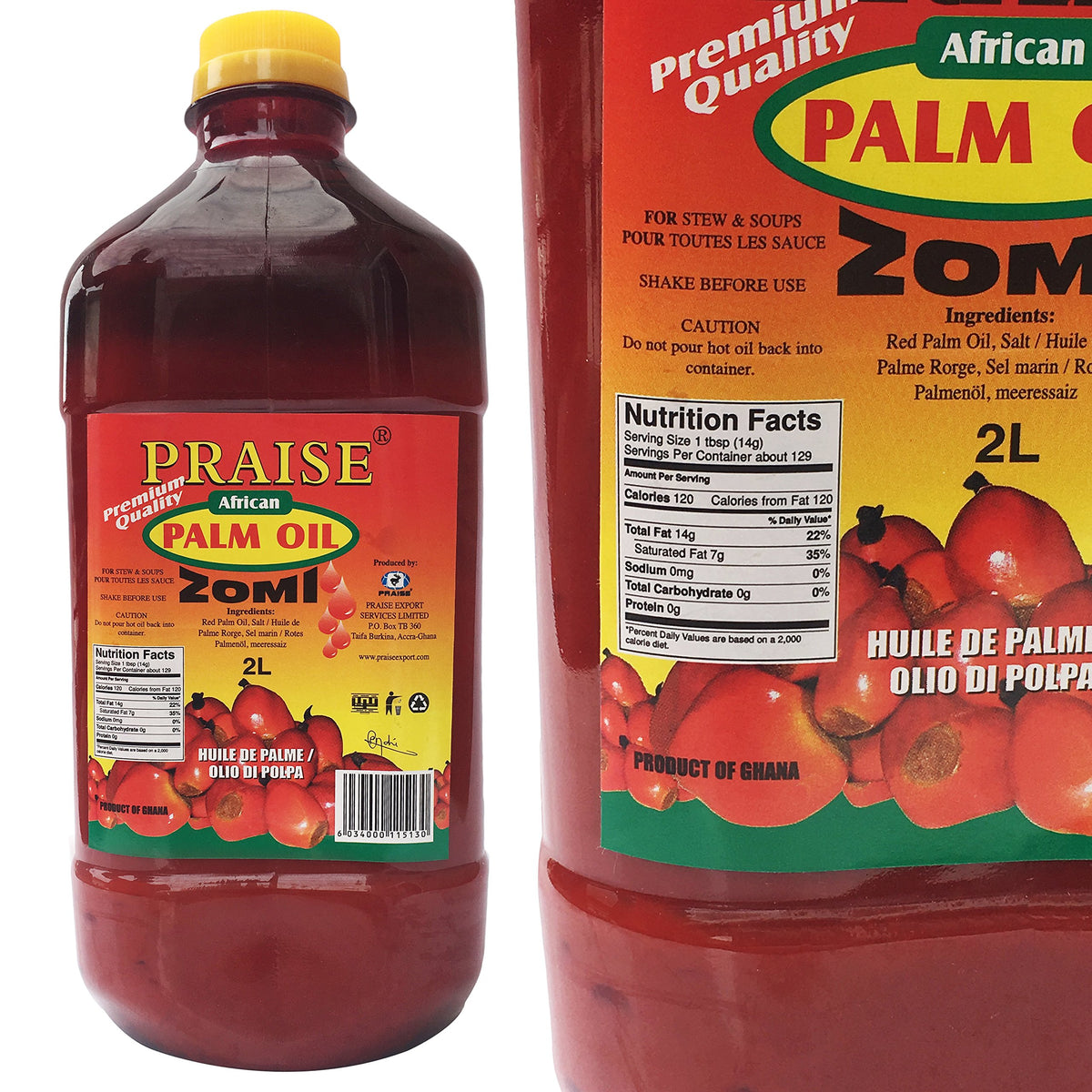 PRAISE Red Palm Oil Ghana harvest bottle emphasizes natural freshness for vibrant meals.
