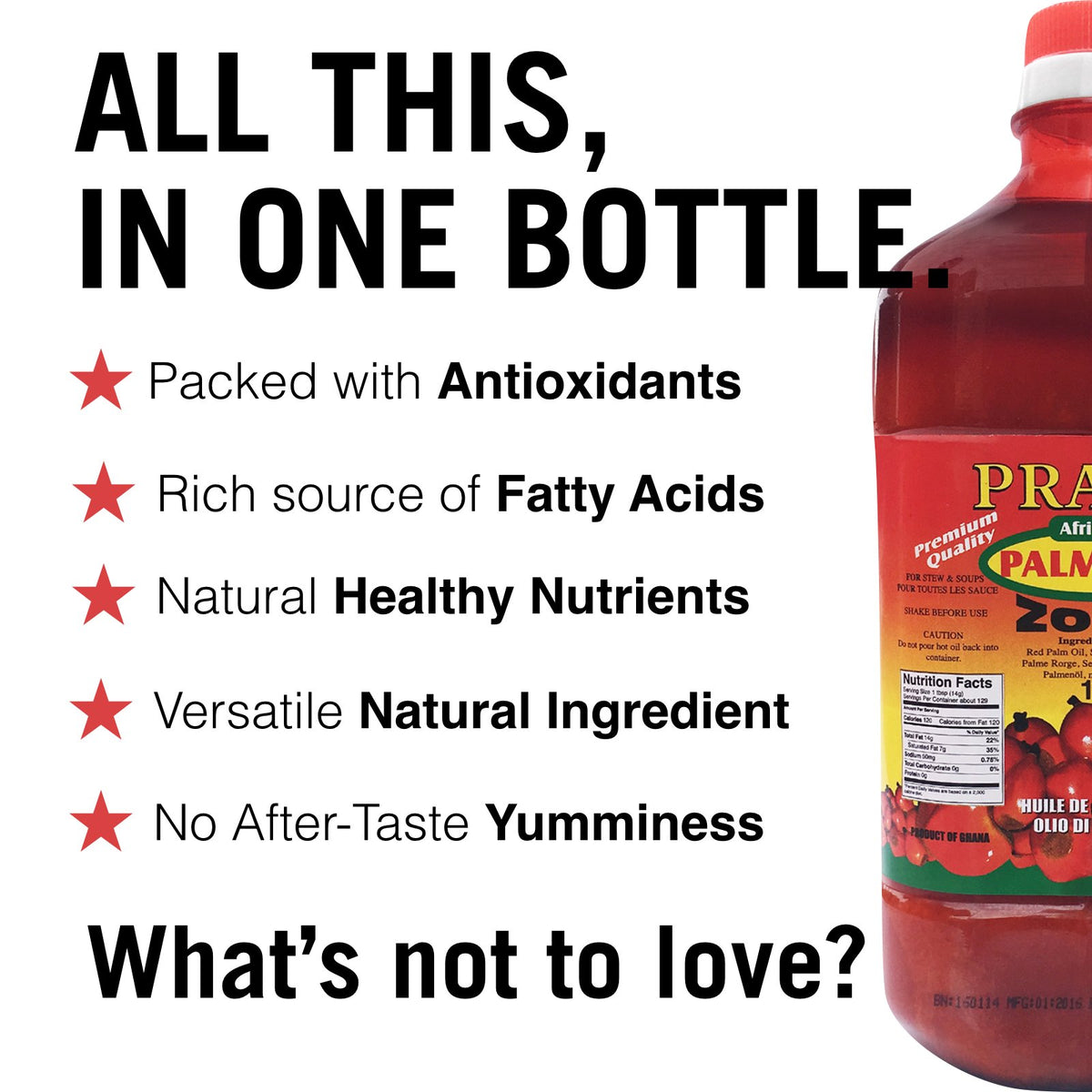 PRAISE Red Palm Oil natural sediment bottle highlights traditional extraction and authenticity.