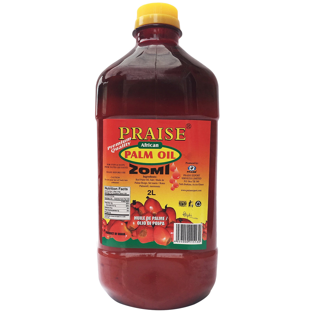 PRAISE Red Palm Oil unrefined essence bottle suggests nutrient-rich, unprocessed flavor.