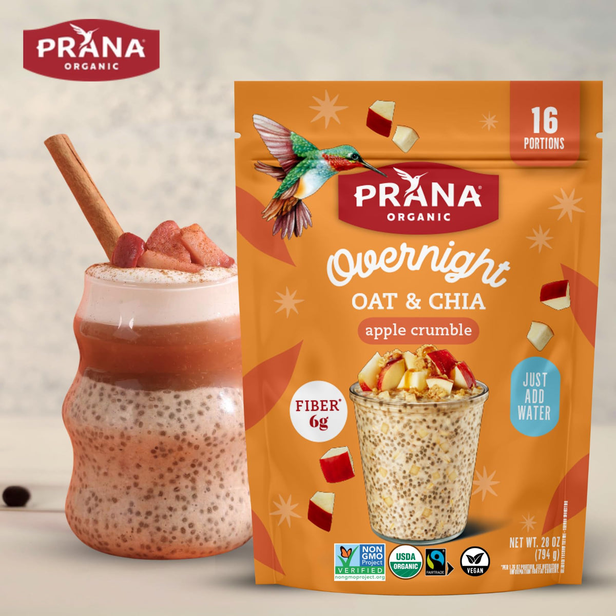 Close-up of Prana Chia and oats Apple Crumble ingredients for healthy breakfast.