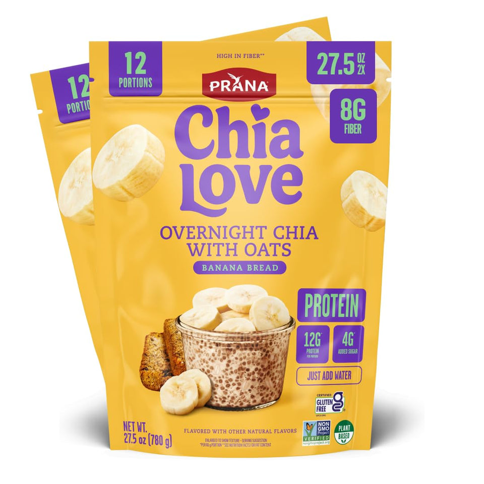 Prana Chialove Overnight Chia Banana Bread packaging shows protein-rich mix for busy mornings