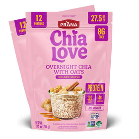 Prana Chialove Overnight Chia with Oats Golden Maple bag ready for quick morning meals.