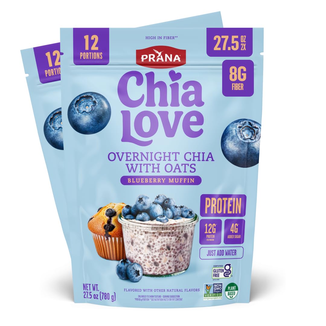 Prana Chialove overnight chia with oats blueberry muffin bag ready for a high-protein breakfast