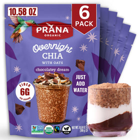 Prana Chocolatey Dream overnight chia bowl shows creamy texture and fiber-rich breakfast