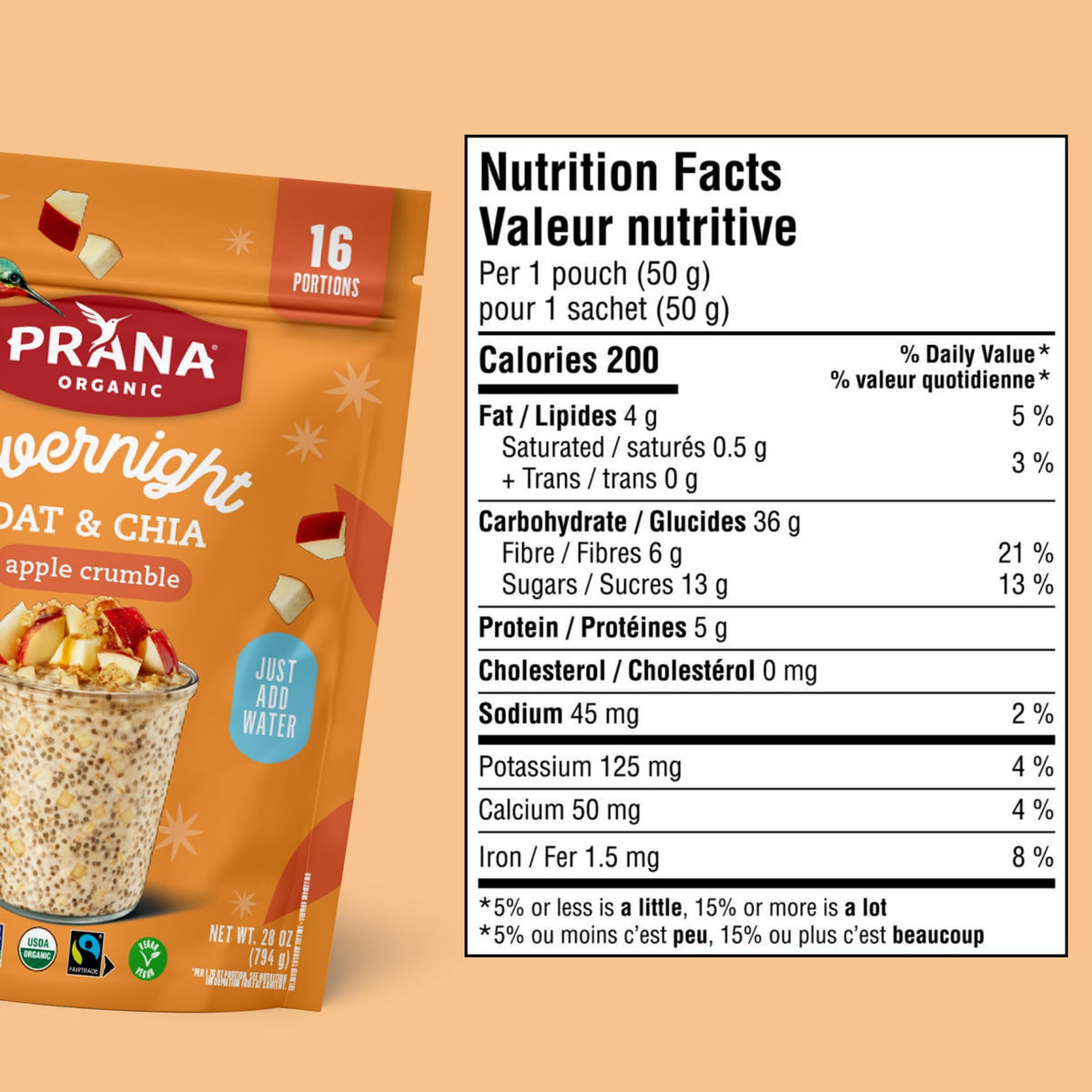 Prana Organic Overnight Chia with Oats Apple Crumble dry mix shown for prep.