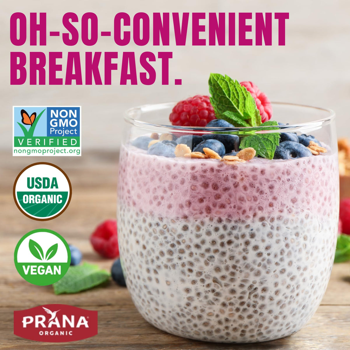 Opened Prana Berry Fairy bag shows mix ready for overnight chia preparation