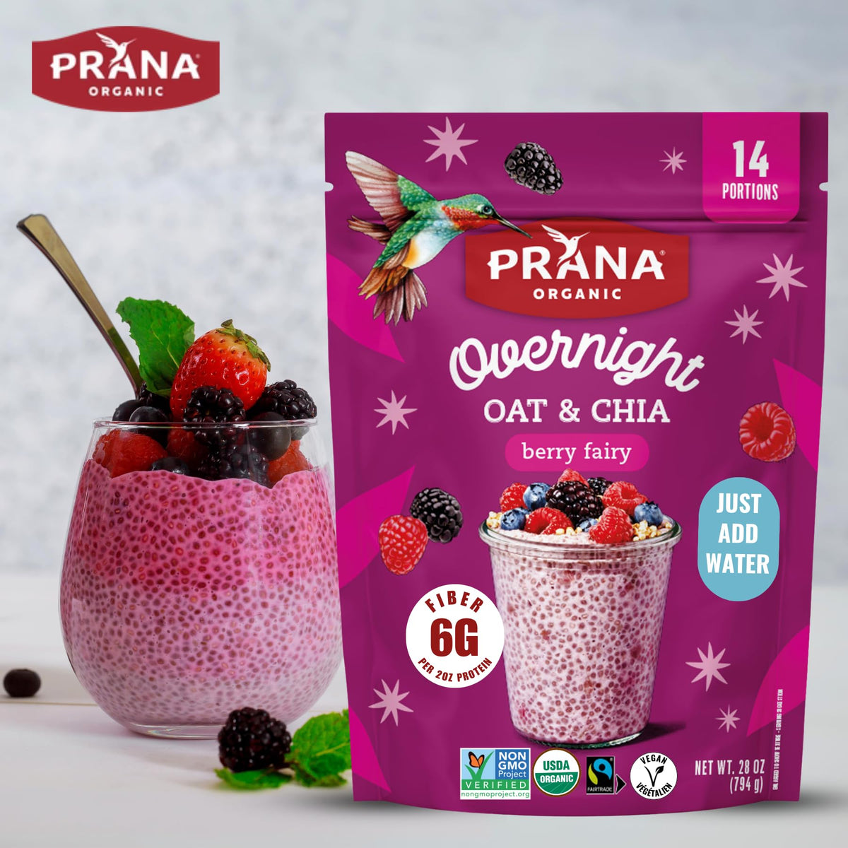 Fridge setup for Prana Berry Fairy overnight chia demonstrates chill and prep