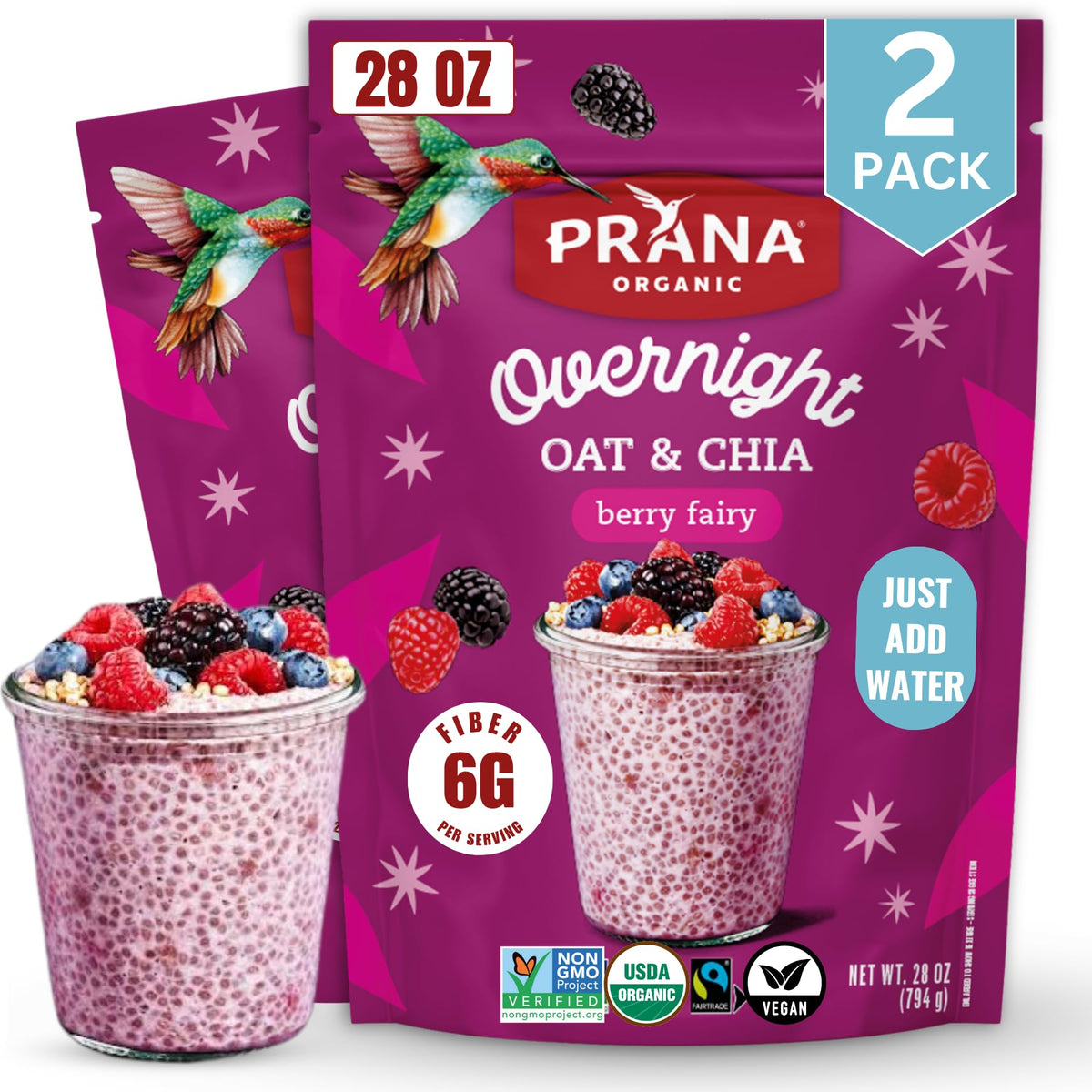 Prana Overnight Chia with Oats Berry Fairy mix for a fiber-rich breakfast.