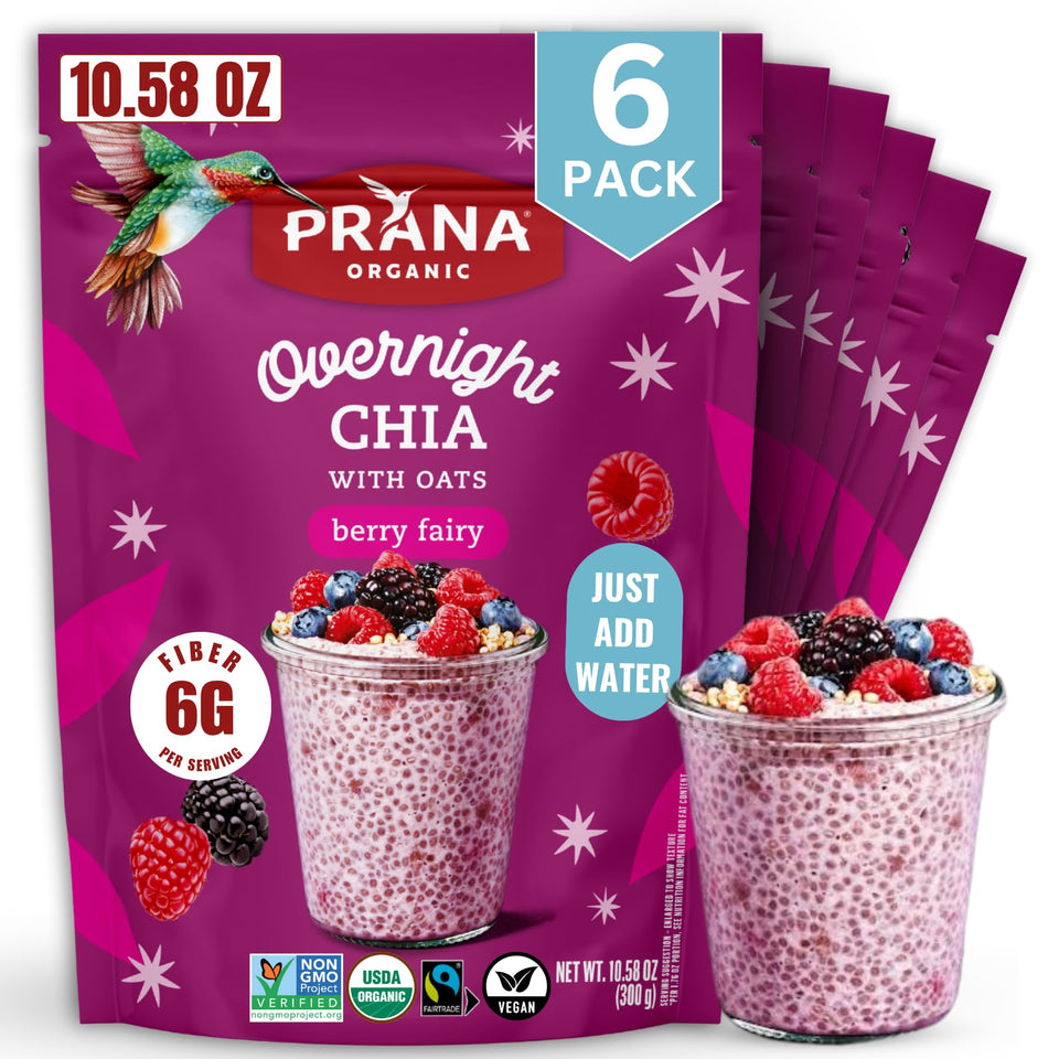 Prana Overnight Chia Oats Berry Fairy pack for quick organic breakfast.