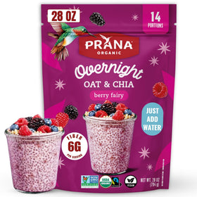 Prana Berry Fairy overnight chia packaging highlights organic ingredients for a quick breakfast