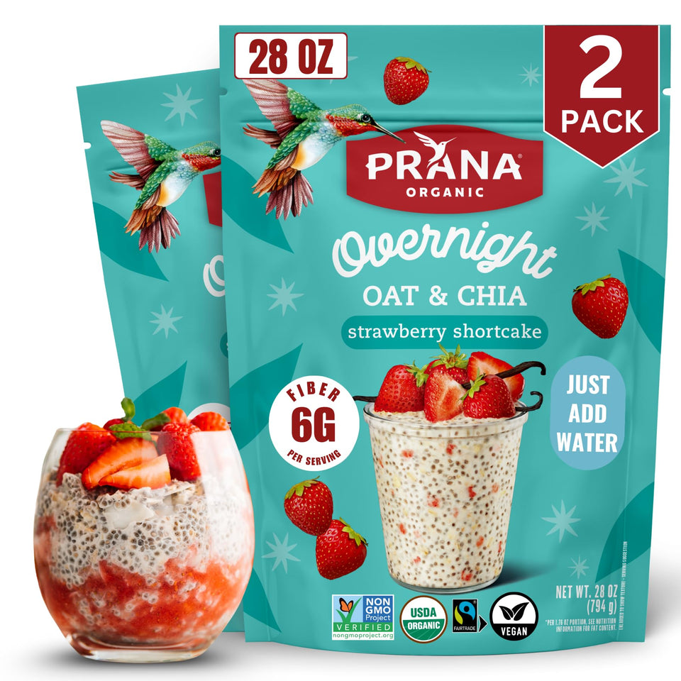 Prana Overnight Chia-Oats Strawberry Shortcake pack, ready-to-eat breakfast option with fiber