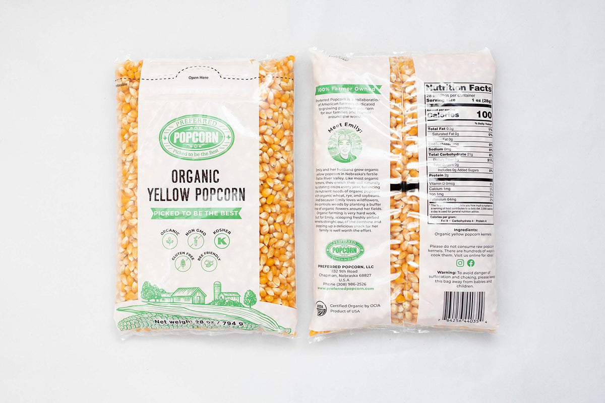 Preferred Popcorn 28oz bags in-pack image highlights easy storage and portioning.