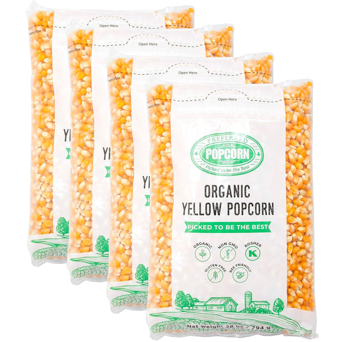 Preferred Popcorn organic kernels pack-shot shows four bags for family snacking.